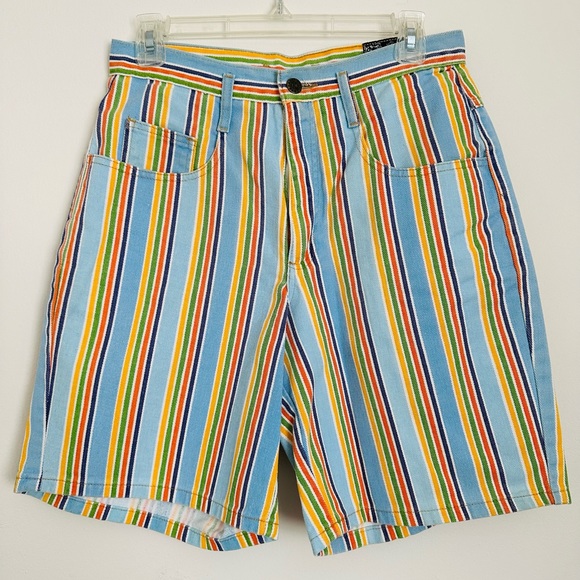 Vtg Not Guilty USA Colorful Striped Denim High Waist Shorts - Picture 1 of 5